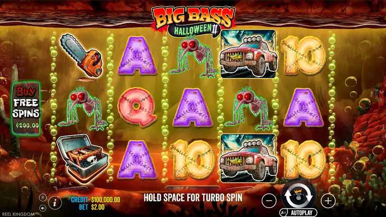 Big Bass Halloween 2 5x3 grid at spin 1: chainsaw, truck, tackle box, and Halloween card symbols visible; CREDIT $100,000.00 BET $2.00