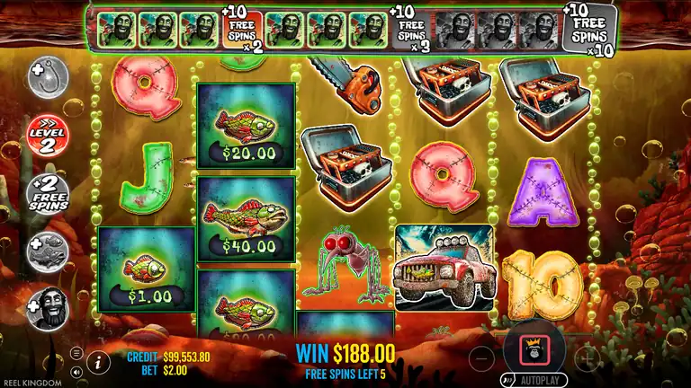 Big Bass Halloween 2 Free Spins Level 2 active: Dead Fish Money values $20.00, $40.00, $1.00 visible. WIN $188.00, Free Spins Left 5. CREDIT $99,553.80 BET $2.00