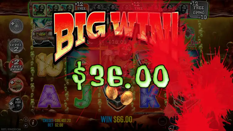 Big Bass Halloween 2 BIG WIN banner during bonus round at spin 881. WIN $66.00 on-screen, Level 2 active, CREDIT $99,407.20 BET $2.00