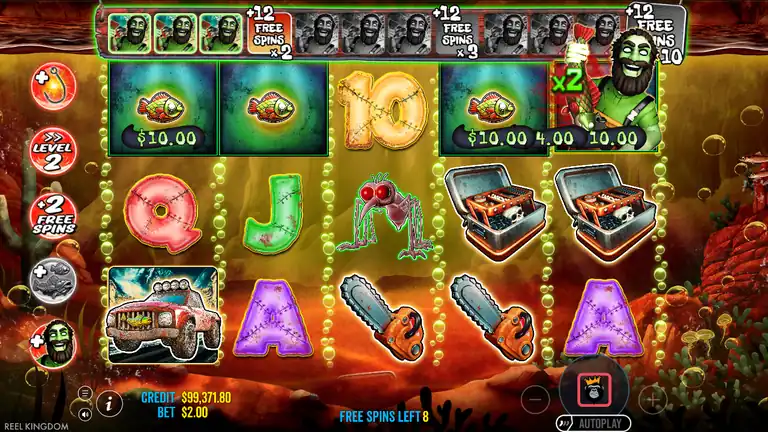 Big Bass Halloween 2 Free Spins Level 2: Fisherman Wild collecting Dead Fish Money values $10.00, $4.00, $10.00 with x2 multiplier active. Free Spins Left 8. CREDIT $99,371.80 BET $2.00
