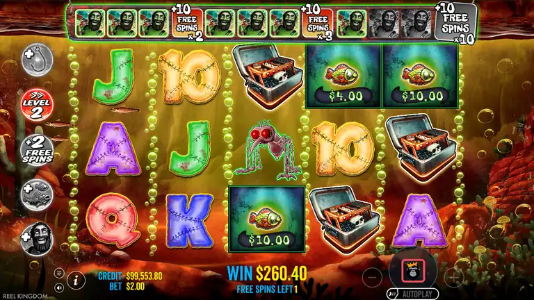 Big Bass Halloween 2 session-best WIN $260.40 (130.2x the bet). Fish values $4.00, $10.00, $10.00 visible. Level 2 active, Free Spins Left 1. CREDIT $99,553.80 BET $2.00